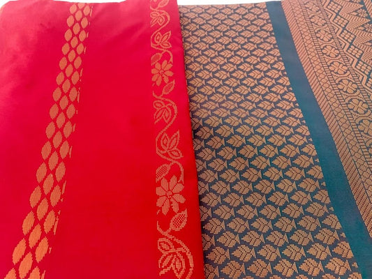 Red Soft Silk Saree with Blue Border - GET ESSENTIAL