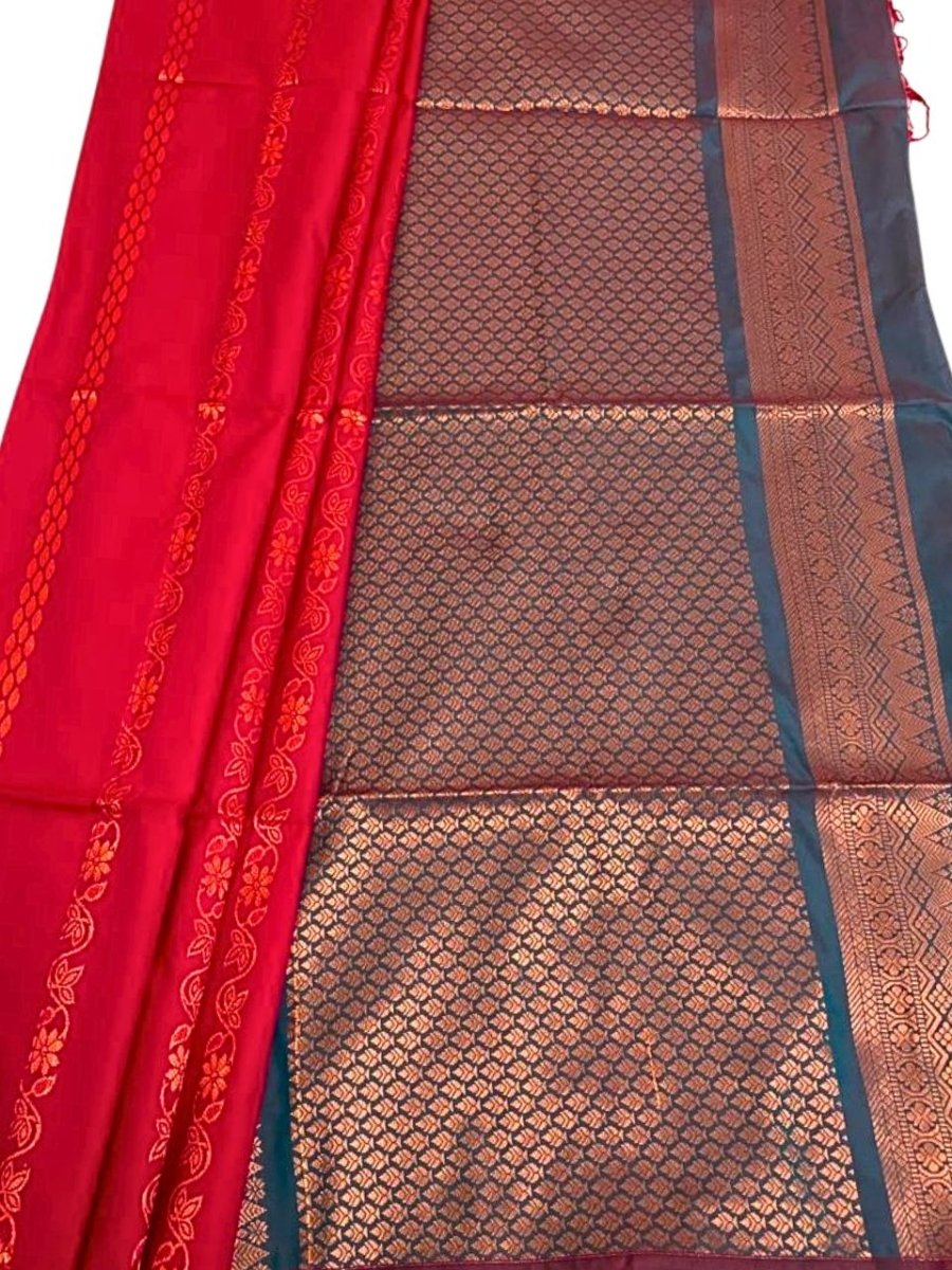 Red Soft Silk Saree with Blue Border - GET ESSENTIAL