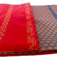 Red Soft Silk Saree with Blue Border - GET ESSENTIAL