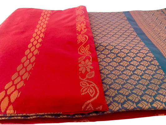 Red Soft Silk Saree with Blue Border - GET ESSENTIAL
