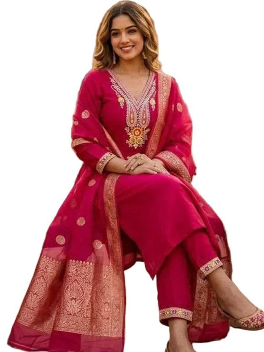 ROMAN SILK KURTI SET WITH BEAUTIFUL EMBROIDERY - GET ESSENTIAL