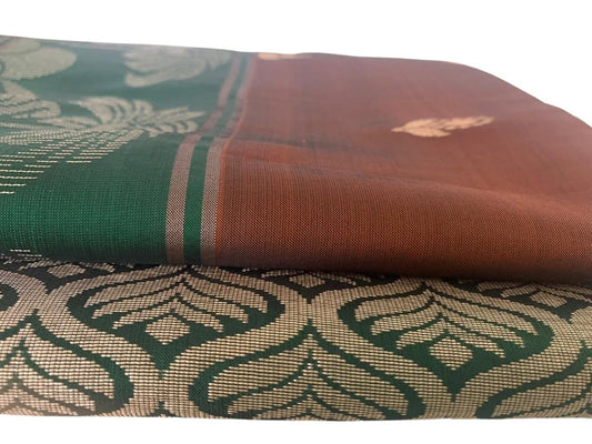 Rust Brown and Green Kanjeevaram Silk Saree with Zari Weave - GET ESSENTIAL