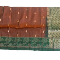 Rust Brown and Green Kanjeevaram Silk Saree with Zari Weave - GET ESSENTIAL