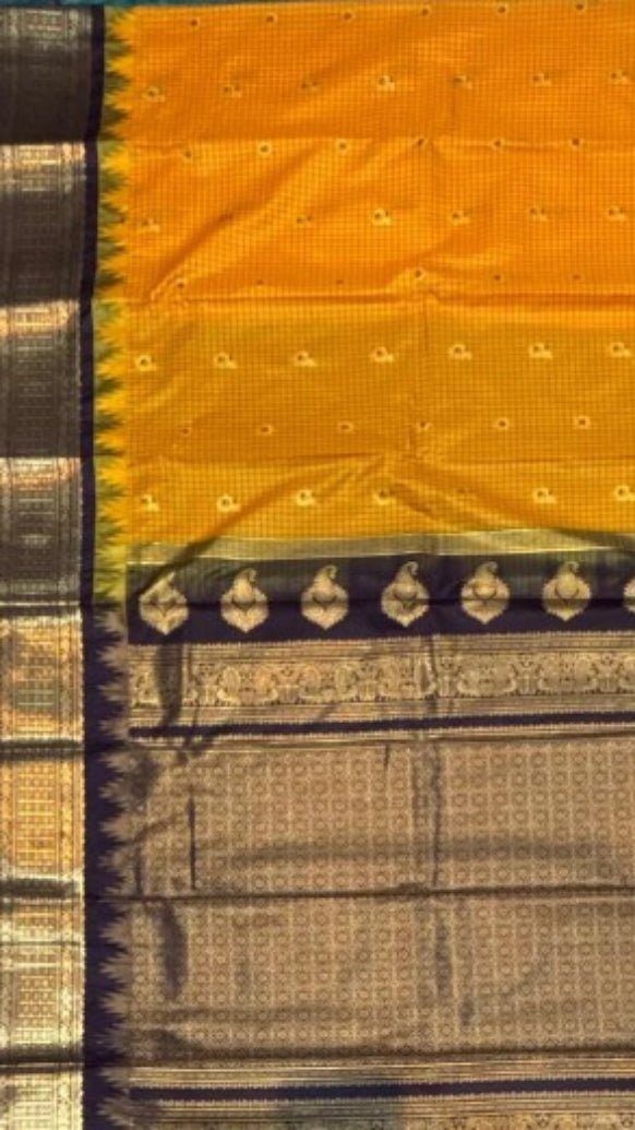 Traditional Mustard Yellow & Chocolate Brown Gadwal Silk Saree with Zari Border - GET ESSENTIAL